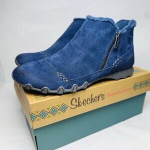 Skechers Earthy Chic Ankle Boots Women's Sz 9.5 Blue Suede Memory Foam Side Zip